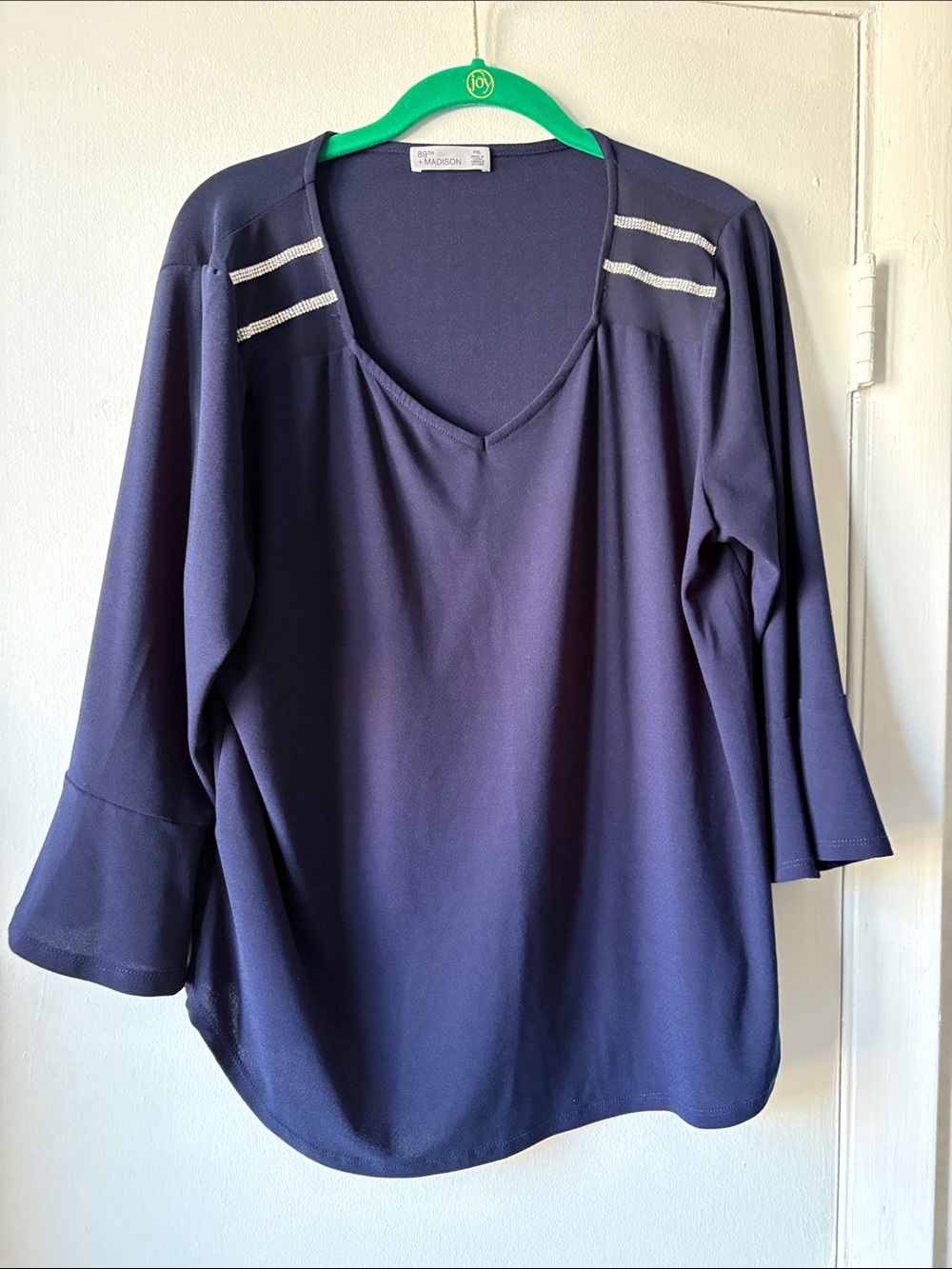 89th & Madison Navy V-Neck Long Sleeve Top with Shoulder Embellish
